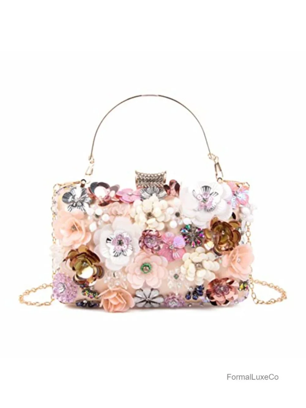 Evening Clutch Handbag Chain Strap Floral Crystal Sequin Shoulder Bag